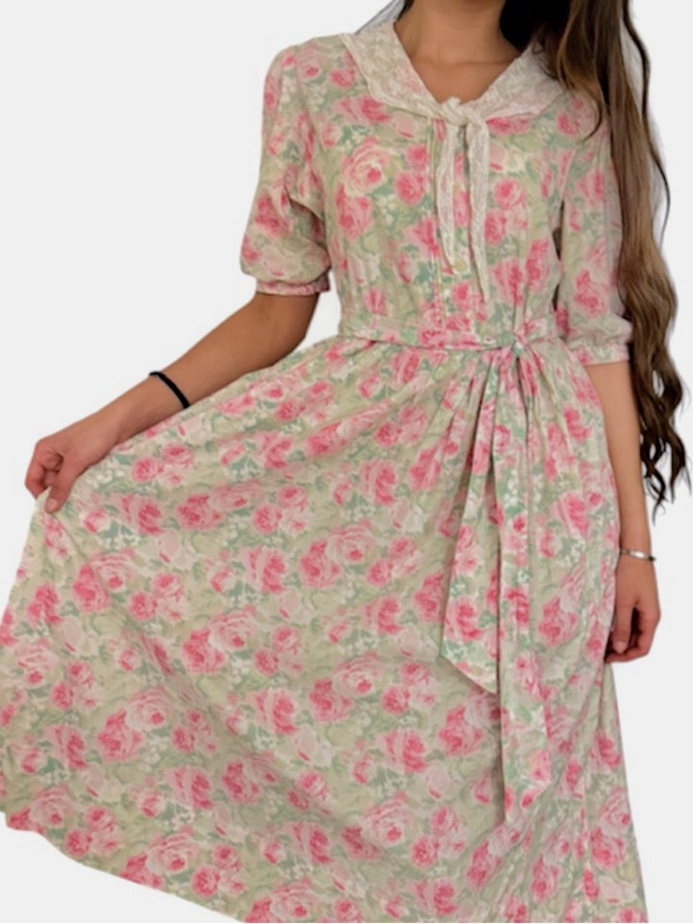 Vintage Laura Ashley Ireland Rose Floral Cotton Lace Collar Dress USA 14